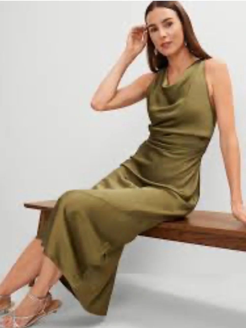 WILFRED SATIN MAXI DRESS OLIVE GREEN SLEEVELESS SZ 12 NWT